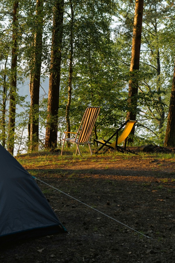 A tent camp beside a forested river